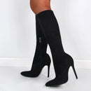 Botas de meia-panturrilha preta de camurça falsa de alta qualidade para mulheres, saltos finos, dedo apontado, zip, bombas de festa, sexy, moda primavera, tamanhos 35-43