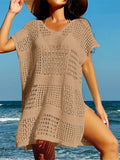 Túnica de malha de crochê feminino, manga curta sexy, oco, capas, vestido de praia, moda praia, capas femininas, K5580