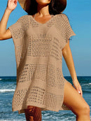 Túnica de malha de crochê feminino, manga curta sexy, oco, capas, vestido de praia, moda praia, capas femininas, K5580