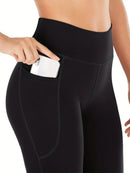 Calças femininas largas com bolsos, calças de ioga com pernas largas, cintura alta, fitness, casual, barriga, calças
