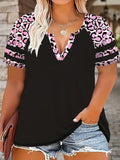 Camiseta feminina casual plus size com estampa floral de leopardo e manga curta |   Top de verão grande