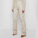 Calças Femininas Atacado: Calças de Couro PU Pretas de Cintura Alta com Perna Larga para Mulheres - Moda Casual Solta Estilo Streetwear
