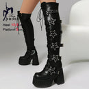 Outono inverno preto feminino acima do joelho botas altas saltos grossos 10.5cm plataforma 5cm estrela fivela rendas até zíper lateral botas longas