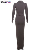 Estranho gato hipster vestido ruched feminino o-pescoço manga cheia magro estiramento robe outono tendência simples clássico pregas longo bodycon