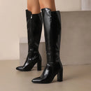 Botas de couro na altura do joelho com zíper para mulheres, sapatos pontiagudos, salto robusto, 9cm, inverno, ao ar livre, sexy, tamanho grande 44, 45, 46