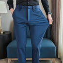 Calças de vestido dos homens novo fino respirável sólido casual alta elástica magro ajuste terno calças streetwear roupas masculinas