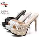 Chinelos de cristal para mulheres, nova plataforma fashion 12cm, saltos altos finos, slides de grife, sandálias de strass luxuosas, sapatos de verão 2022