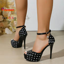 Novas Sandálias Femininas Vintage de Salto Alto Grosso de 12,5 CM com Tira no Tornozelo, Salto Fino, Peep-toe, Vazadas, para Banquete