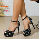 Novas Sandálias Femininas Vintage de Salto Alto Grosso de 12,5 CM com Tira no Tornozelo, Salto Fino, Peep-toe, Vazadas, para Banquete