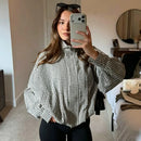 Jaquetas Femininas com Gola Alta e Zíper, Casaco Cropped Preto e Branco com Estampa Xadrez, Jaqueta Casual de Manga Longa com Corte Solto 2026