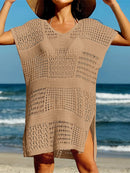 Túnica de malha de crochê feminino, manga curta sexy, oco, capas, vestido de praia, moda praia, capas femininas, K5580