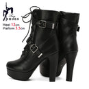 Plataforma botas curtas mulher outono e inverno 12cm salto alto cinto fivela tornozelo botas 2025 sola grossa sapatos de motocicleta tamanho 35-46