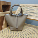 Bolsa de couro de vaca de camada superior, estilo europeu, bolsa tipo balde, cesta de vegetais frescos, bolsa fena com al...