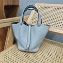 Bolsa de couro de vaca de camada superior, estilo europeu, bolsa tipo balde, cesta de vegetais frescos, bolsa fena com al...