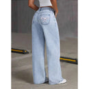 Mulheres jeans bordado cintura alta angustiado bolsos lavados vintage até o chão calças 2025 denim calças de perna larga streetwear