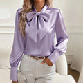 Moda manga longa camisa de seda feminina moda primavera outono nova blusa de cetim feminino arco escritório topos pulôver