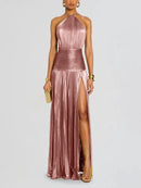 Vestido Midi Sem Costas com Fenda, Decote com Cinto, Sem Mangas, Formal, em Tecido de Poliéster, Saia Franzida, Cintura Média...