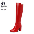 Botas de couro na altura do joelho com zíper para mulheres, sapatos pontiagudos, salto robusto, 9cm, inverno, ao ar livre, sexy, tamanho grande 44, 45, 46