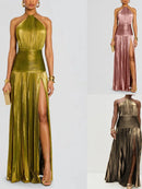 Vestido Midi Sem Costas com Fenda, Decote com Cinto, Sem Mangas, Formal, em Tecido de Poliéster, Saia Franzida, Cintura Média...