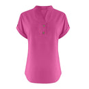 Cor pura botão até decote em v manga curta camisa de rayon de bambu verão moda feminina camisa de botão casual negócios topo