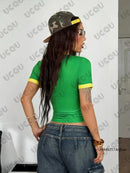 Camiseta Feminina Nova Coleção Verão 2026 com Estampa Brasil, Estilo Estético com Letras Anos 90, Top Cropped de Manga Curta, Casual Streetwear, Camiseta Vintage Y2K