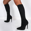Botas de meia-panturrilha preta de camurça falsa de alta qualidade para mulheres, saltos finos, dedo apontado, zip, bombas de festa, sexy, moda primavera, tamanhos 35-43
