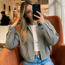 Jaquetas Femininas com Gola Alta e Zíper, Casaco Cropped Preto e Branco com Estampa Xadrez, Jaqueta Casual de Manga Longa com Corte Solto 2026