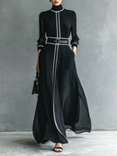 Vestido Maxi Elegante em Chiffon Francês, Gola Alta com Mangas Longas e Acabamento em Piping Branco, Ideal para Escritório, Negócios, Banquetes e Festas