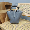 Bolsa de couro de vaca de camada superior, estilo europeu, bolsa tipo balde, cesta de vegetais frescos, bolsa fena com al...
