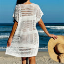 Túnica de malha de crochê feminino, manga curta sexy, oco, capas, vestido de praia, moda praia, capas femininas, K5580