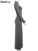 Estranho gato hipster vestido ruched feminino o-pescoço manga cheia magro estiramento robe outono tendência simples clássico pregas longo bodycon