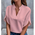 Women Elegant Solid V Neck Blouse Casual Short Sleeve Loose Shirt Summer Solid Tops Harajuku Office Ladt Chiffon Blouse 2026 New