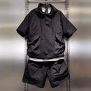 Moda workwear respirável de secagem rápida terno esportivo masculino texturizado casual com capuz shorts de manga curta conjunto de duas peças