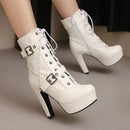 Plataforma botas curtas mulher outono e inverno 12cm salto alto cinto fivela tornozelo botas 2025 sola grossa sapatos de motocicleta tamanho 35-46