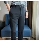 Calças de vestido dos homens novo fino respirável sólido casual alta elástica magro ajuste terno calças streetwear roupas masculinas
