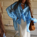 Camisa de Tencel com lapela e mangas compridas, estilo europeu e americano, elegante, versátil, soltinha, para mulheres, ideal para o dia a dia.