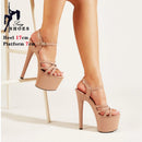 Sandálias Stiletto de plataforma aberta para mulheres, salto alto de banda estreita, sapatos stripper de festa, fivela, pole dancing, verão, 17cm