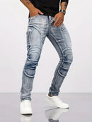 Jeans de retalhos angustiados de dois tons para homens jeans da moda para o verão calças finas de perna reta ajuste fino jeans de perna pequena angustiados