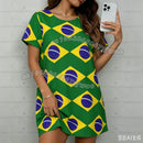 Vestido T-Shirt Feminino Estampado com Bandeira do Brasil Verão 2026, Solto, Gola O, Manga Curta, Pulôver, Camisola Feminina