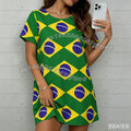 Vestido T-Shirt Feminino Estampado com Bandeira do Brasil Verão 2026, Solto, Gola O, Manga Curta, Pulôver, Camisola Feminina