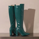 Botas de couro na altura do joelho com zíper para mulheres, sapatos pontiagudos, salto robusto, 9cm, inverno, ao ar livre, sexy, tamanho grande 44, 45, 46