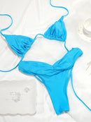 Conjunto de Biquíni Sexy com Detalhes Franzidos, Micro Biquínis Sólidos, Roupa de Banho Feminina, Moda Praia