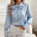 Moda manga longa camisa de seda feminina moda primavera outono nova blusa de cetim feminino arco escritório topos pulôver