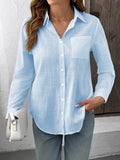 Camisa Feminina Casual de Algodão Puro com Pregas e Mangas Longas