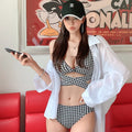 Biquíni Feminino de Cintura Alta Sensual com Efeito Modelador, Xadrez Franzido, Peças Separadas, Térmico, para Férias e Resort