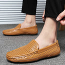 Sapatos Casuais Masculinos de Verão 2026, Marca de Luxo, Couro Genuíno, Mocassins Masculinos Vazados Respiráveis, Sapatos de Dirigir Slip-on
