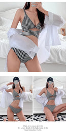 Biquíni Feminino de Cintura Alta Sensual com Efeito Modelador, Xadrez Franzido, Peças Separadas, Térmico, para Férias e Resort