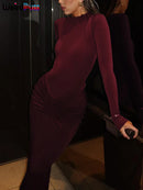 Estranho gato hipster vestido ruched feminino o-pescoço manga cheia magro estiramento robe outono tendência simples clássico pregas longo bodycon