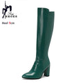 Botas de couro na altura do joelho com zíper para mulheres, sapatos pontiagudos, salto robusto, 9cm, inverno, ao ar livre, sexy, tamanho grande 44, 45, 46