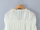 Camisa Feminina de Manga Longa com Decote em V e Laço Frontal, Franzida, Estilo Lotus Root, Transparente e Solta, em Chiffon, para Primavera e Verão